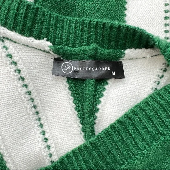 PRETTY GARDEN Pullover Knit Sweater V-Neck Color Block Stripe Green Whit… - Picture 7 of 8